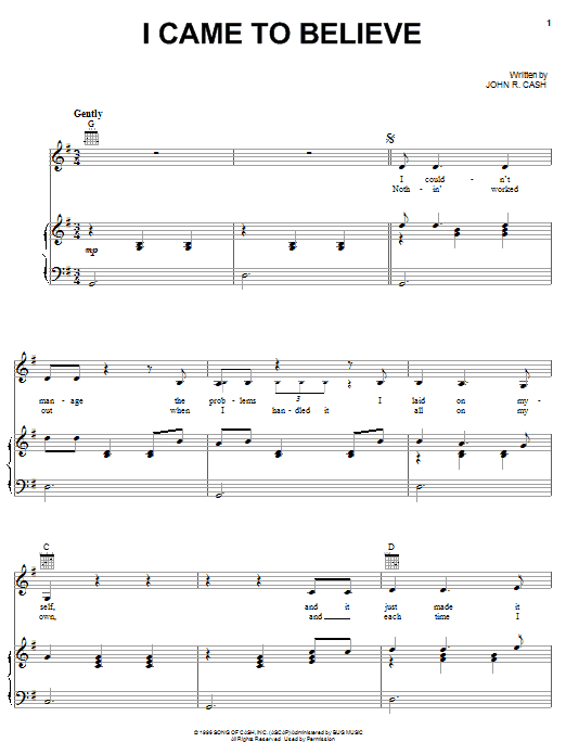Johnny Cash I Came To Believe sheet music notes and chords arranged for Piano, Vocal & Guitar Chords (Right-Hand Melody)