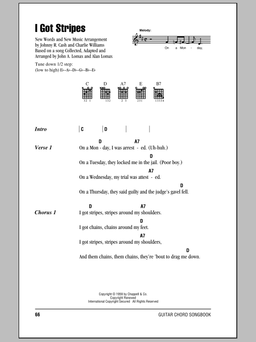 Johnny Cash I Got Stripes sheet music notes and chords arranged for Piano, Vocal & Guitar Chords (Right-Hand Melody)