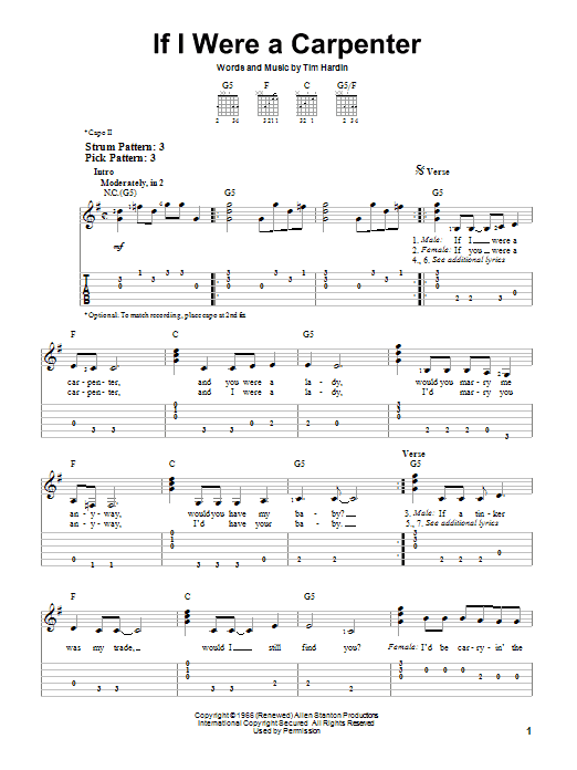 Johnny Cash If I Were A Carpenter sheet music notes and chords arranged for Guitar Chords/Lyrics