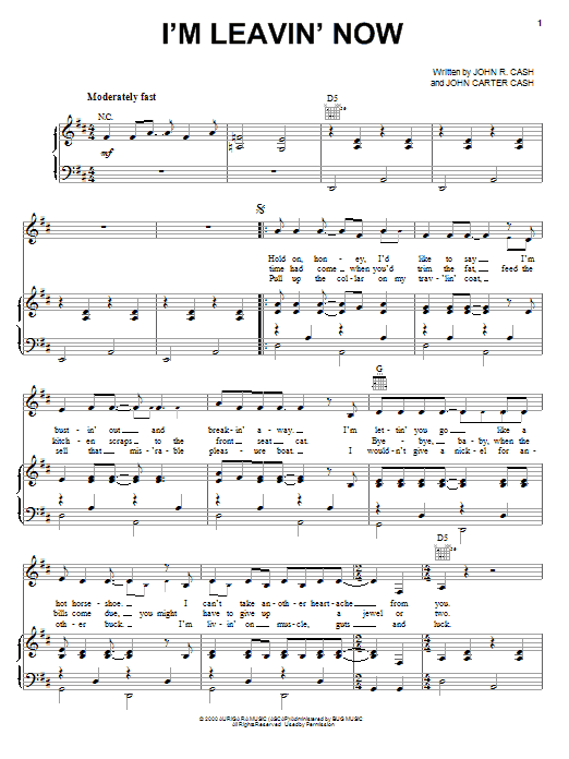 Johnny Cash I'm Leavin' Now sheet music notes and chords arranged for Piano, Vocal & Guitar Chords (Right-Hand Melody)