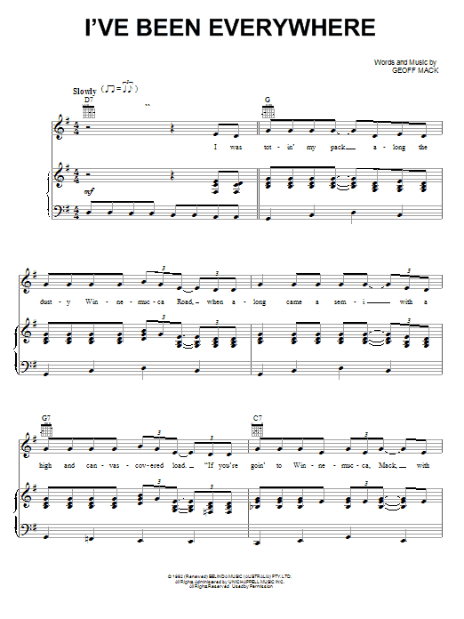 Johnny Cash I've Been Everywhere sheet music notes and chords arranged for Piano, Vocal & Guitar Chords (Right-Hand Melody)
