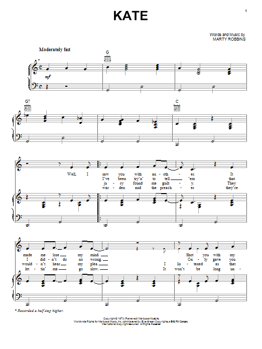 Johnny Cash Kate sheet music notes and chords arranged for Piano, Vocal & Guitar Chords (Right-Hand Melody)