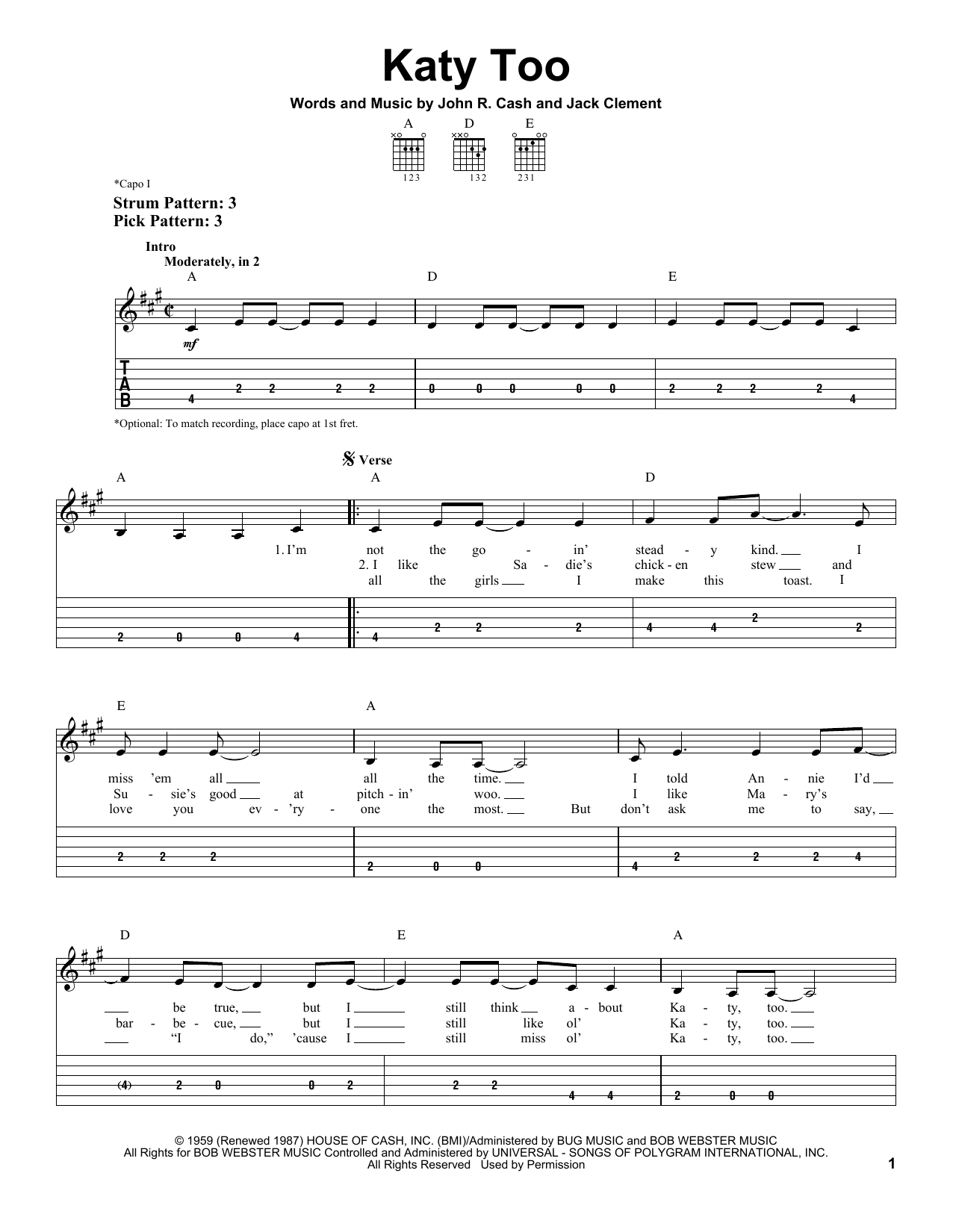 Johnny Cash Katy Too sheet music notes and chords arranged for Piano, Vocal & Guitar Chords (Right-Hand Melody)