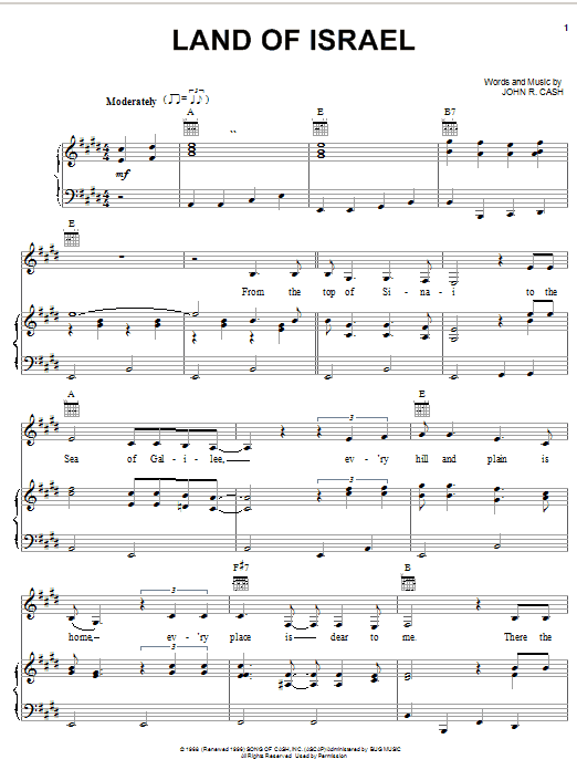 Johnny Cash Land Of Israel sheet music notes and chords arranged for Piano, Vocal & Guitar Chords (Right-Hand Melody)