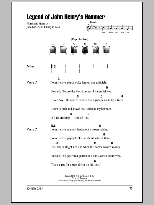 Johnny Cash Legend Of John Henry's Hammer sheet music notes and chords arranged for Piano, Vocal & Guitar Chords (Right-Hand Melody)