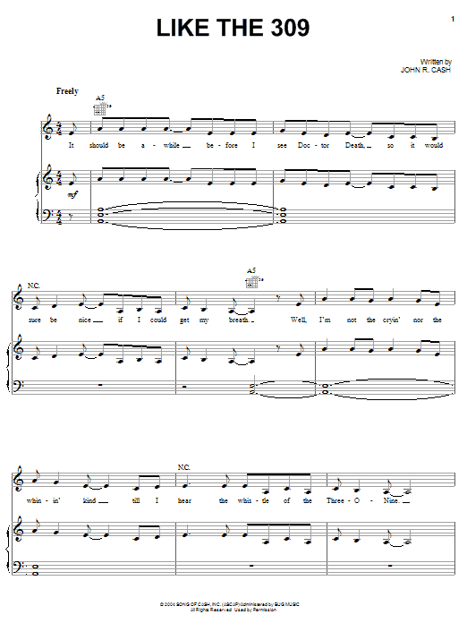 Johnny Cash Like The 309 sheet music notes and chords arranged for Piano, Vocal & Guitar Chords (Right-Hand Melody)