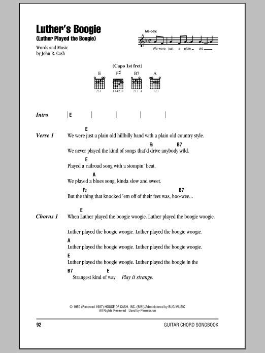 Johnny Cash Luther's Boogie (Luther Played The Boogie) sheet music notes and chords arranged for Piano, Vocal & Guitar Chords (Right-Hand Melody)