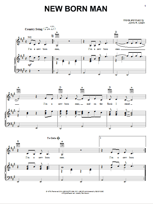 Johnny Cash New Born Man sheet music notes and chords arranged for Piano, Vocal & Guitar Chords (Right-Hand Melody)