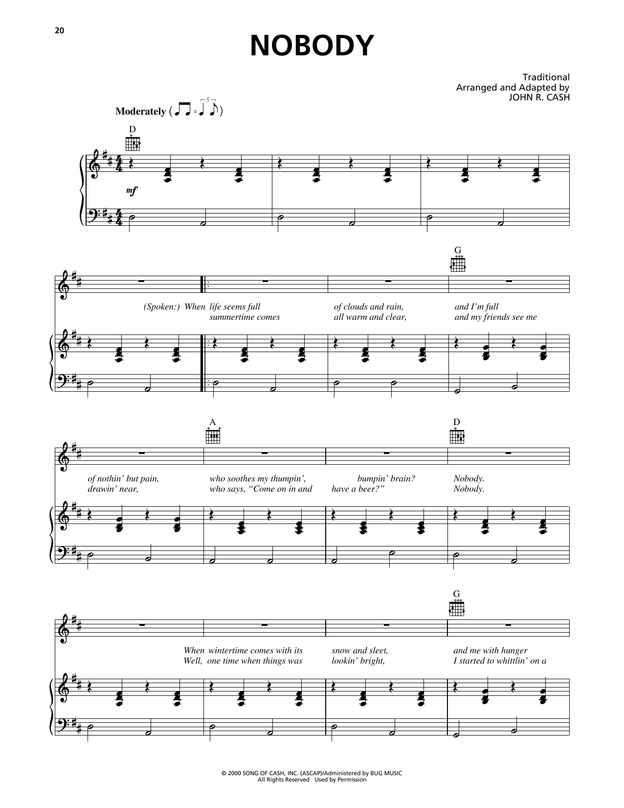 Johnny Cash Nobody sheet music notes and chords arranged for Piano, Vocal & Guitar Chords (Right-Hand Melody)