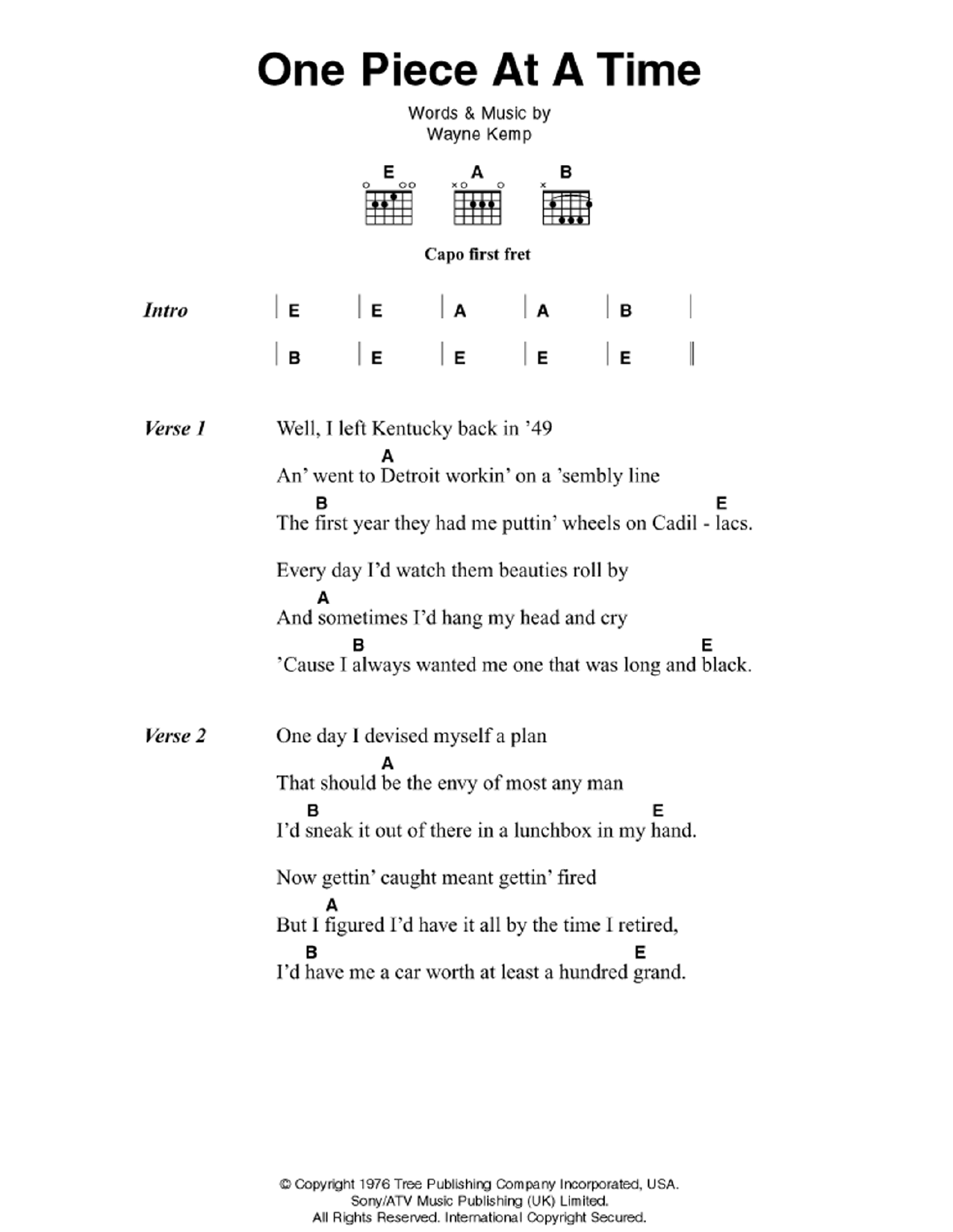 Johnny Cash One Piece At A Time sheet music notes and chords arranged for Ukulele