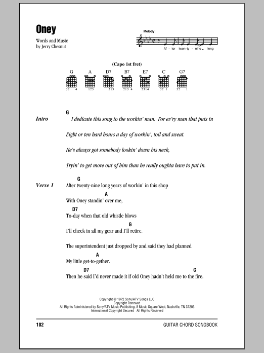 Johnny Cash Oney sheet music notes and chords arranged for Piano, Vocal & Guitar Chords (Right-Hand Melody)