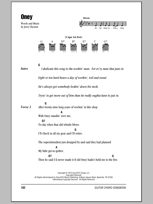 Johnny Cash Oney sheet music notes and chords arranged for Guitar Chords/Lyrics