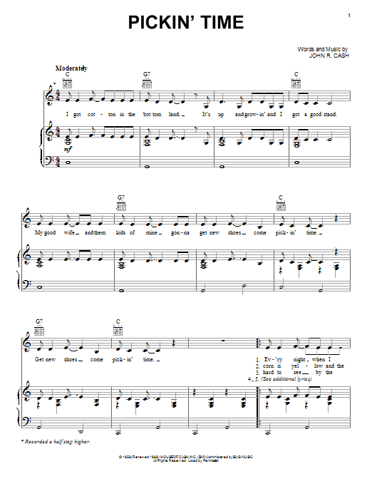 Johnny Cash Pickin' Time sheet music notes and chords arranged for Piano, Vocal & Guitar Chords (Right-Hand Melody)