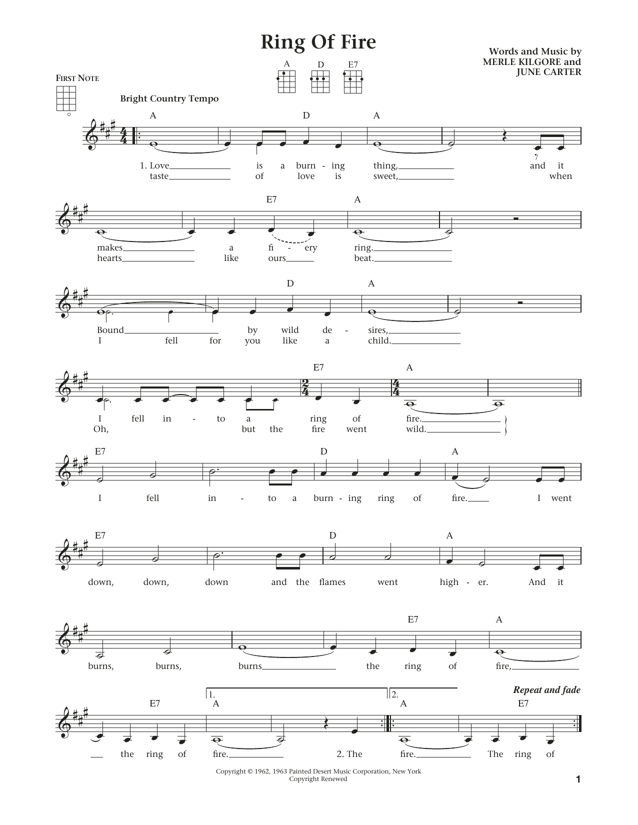 Johnny Cash Ring Of Fire (from The Daily Ukulele) (arr. Liz and Jim Beloff) sheet music notes and chords arranged for Ukulele
