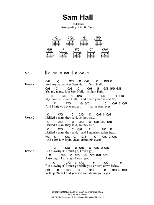 Johnny Cash Sam Hall sheet music notes and chords arranged for Guitar Chords/Lyrics