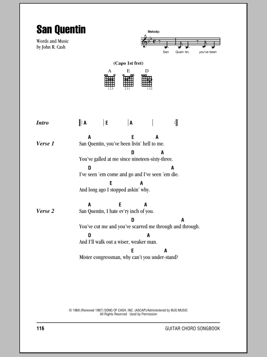 Johnny Cash San Quentin sheet music notes and chords arranged for Piano, Vocal & Guitar Chords (Right-Hand Melody)