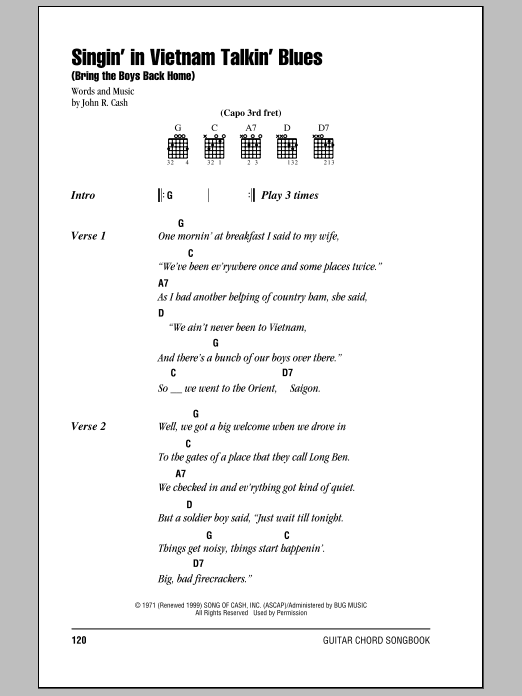Johnny Cash Singin' In Vietnam Talkin' Blues (Bring The Boys Back Home) sheet music notes and chords arranged for Piano, Vocal & Guitar Chords (Right-Hand Melody)