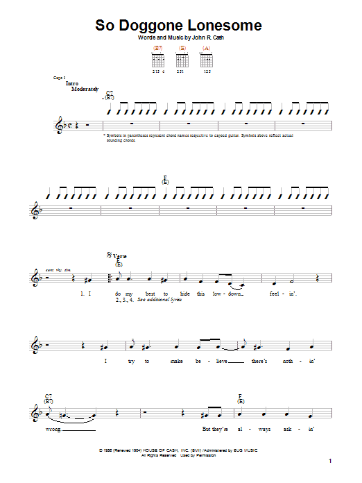 Johnny Cash So Doggone Lonesome sheet music notes and chords arranged for Piano, Vocal & Guitar Chords (Right-Hand Melody)
