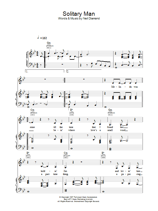 Johnny Cash Solitary Man sheet music notes and chords arranged for Piano, Vocal & Guitar Chords