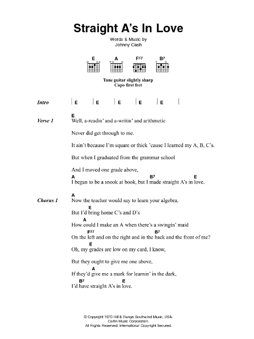 Johnny Cash Straight A's In Love sheet music notes and chords arranged for Guitar Chords/Lyrics