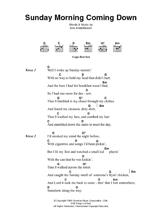 Johnny Cash Sunday Morning Coming Down sheet music notes and chords arranged for Guitar Chords/Lyrics