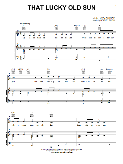 Johnny Cash That Lucky Old Sun (Just Rolls Around Heaven All Day) sheet music notes and chords arranged for Piano, Vocal & Guitar Chords (Right-Hand Melody)