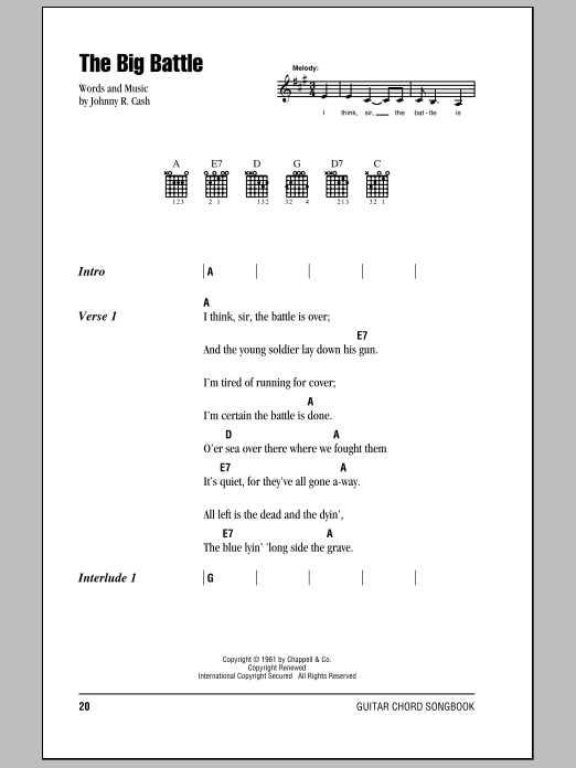 Johnny Cash The Big Battle sheet music notes and chords arranged for Piano, Vocal & Guitar Chords (Right-Hand Melody)