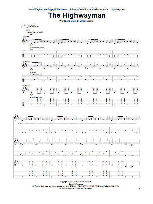 Johnny Cash The Highwayman sheet music notes and chords arranged for Guitar Tab