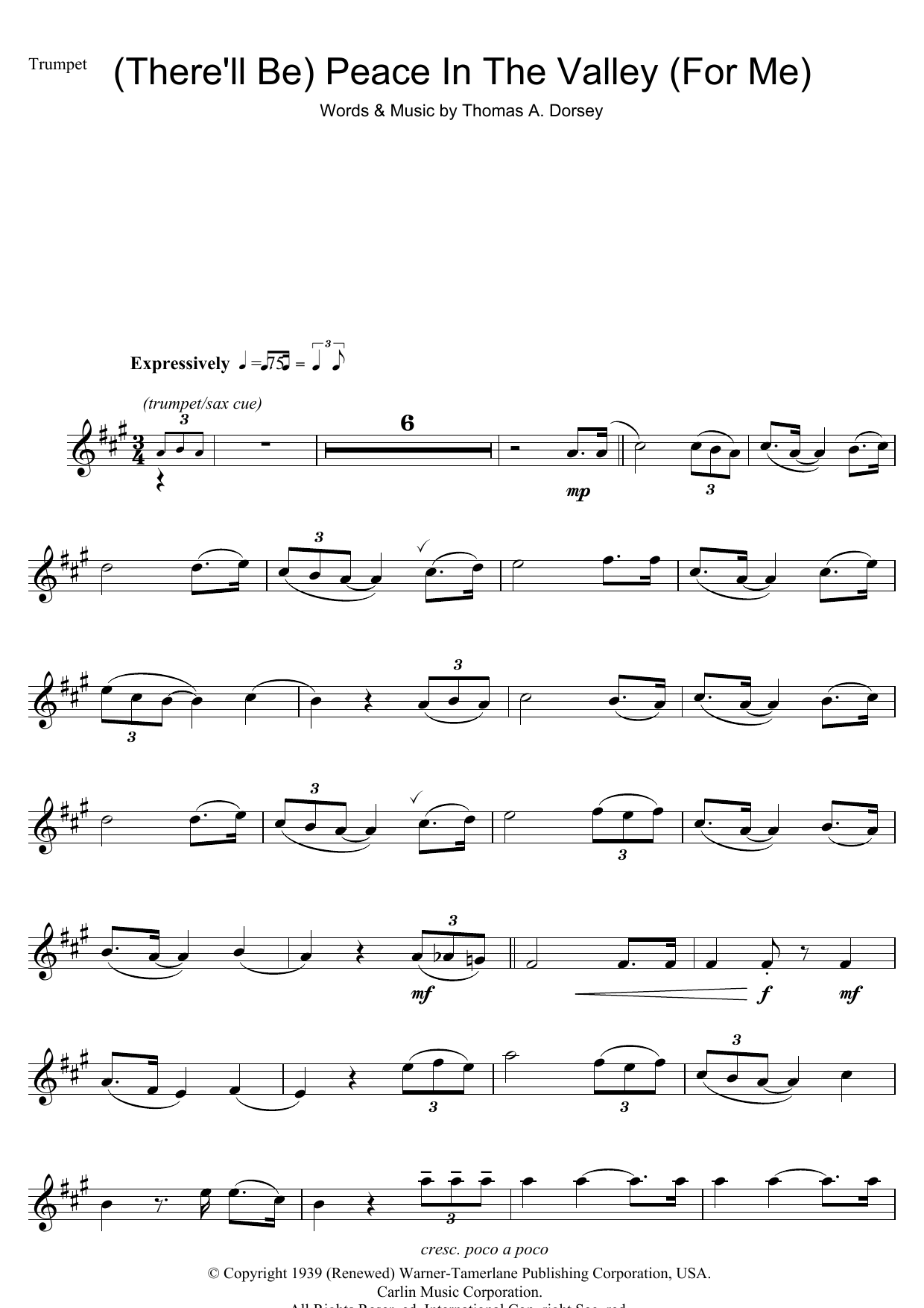 Johnny Cash (There'll Be) Peace In The Valley (For Me) sheet music notes and chords arranged for Trumpet Solo