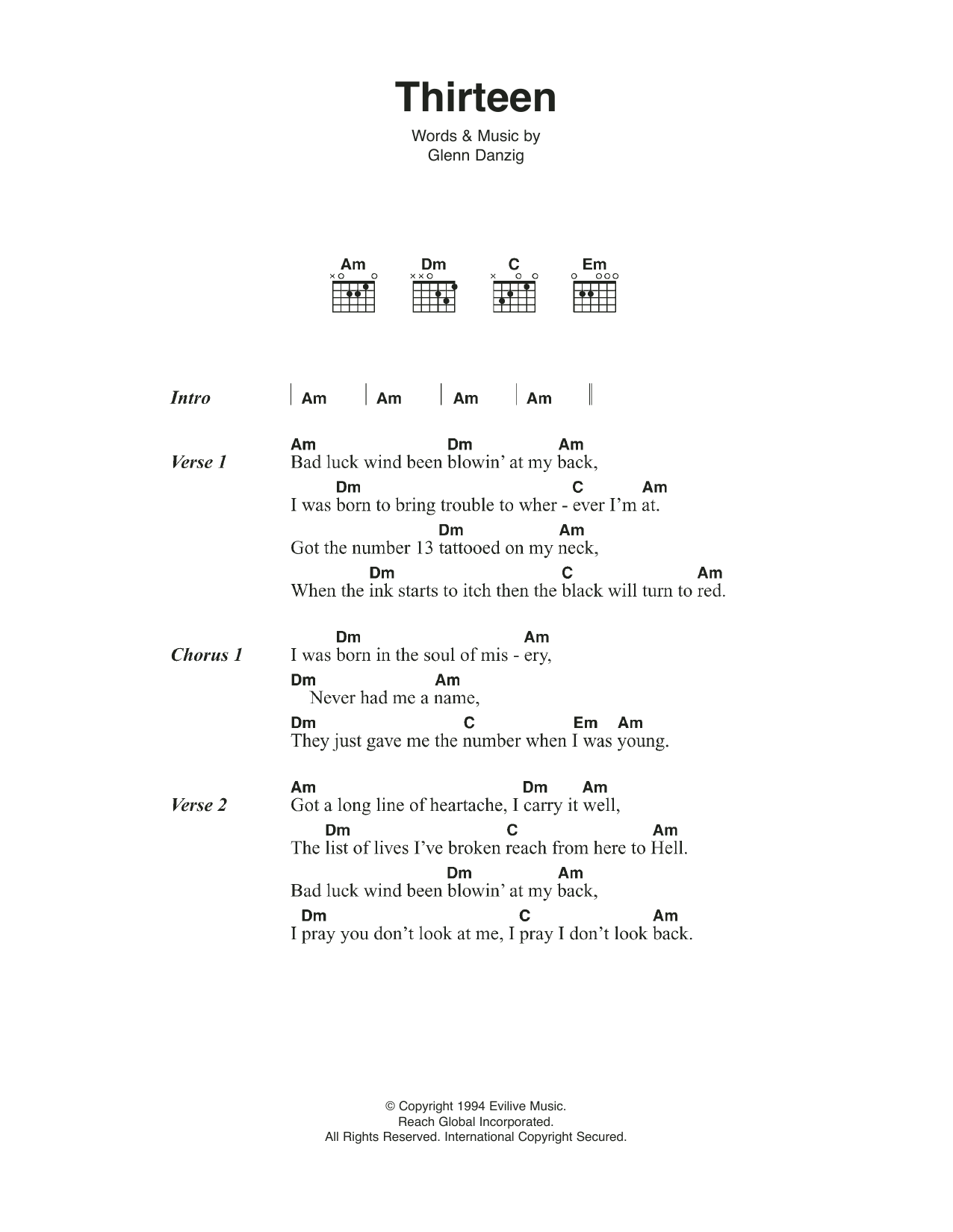 Johnny Cash Thirteen sheet music notes and chords arranged for Guitar Chords/Lyrics