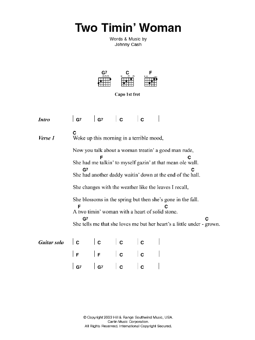 Johnny Cash Two Timin' Woman sheet music notes and chords arranged for Guitar Chords/Lyrics