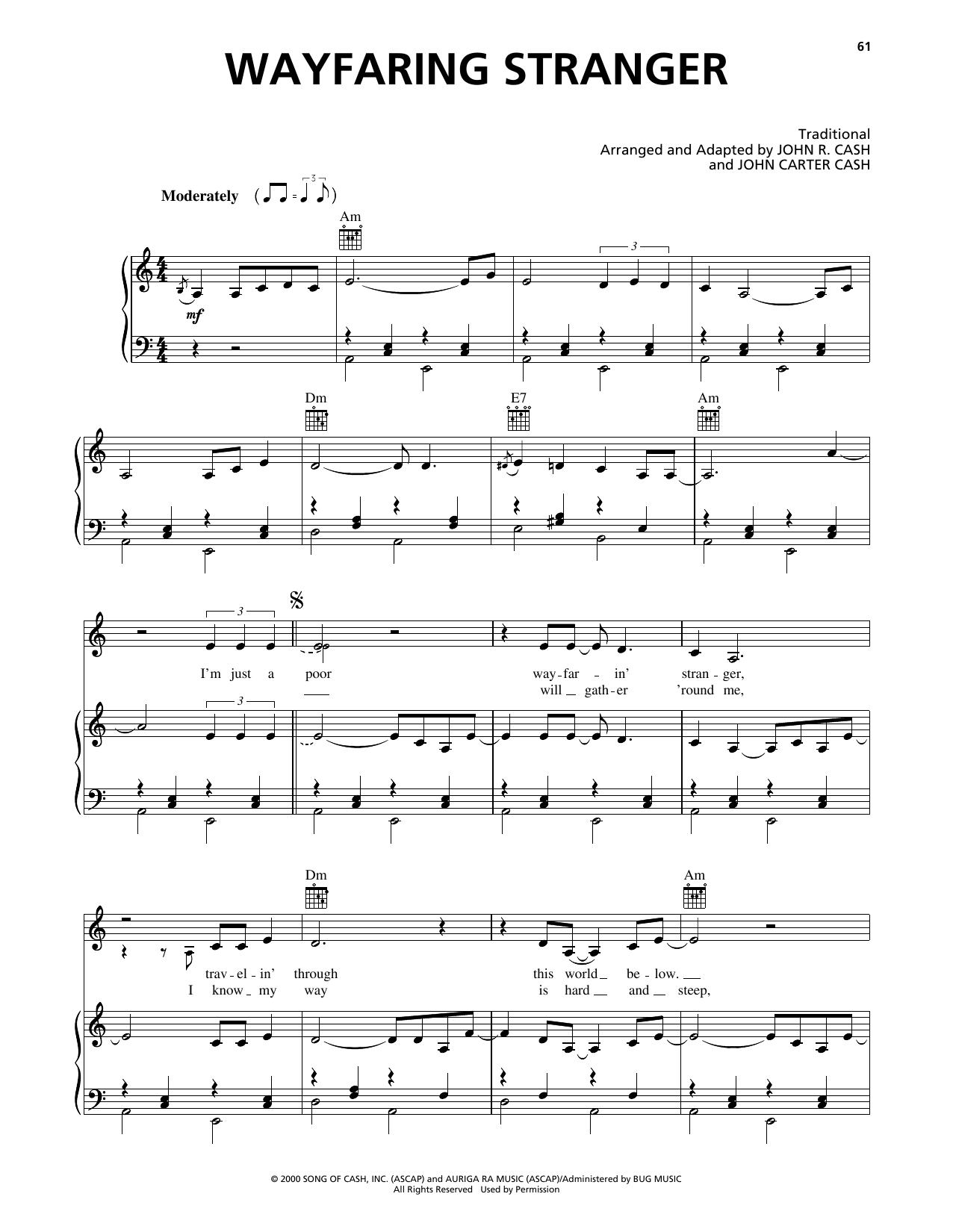 Johnny Cash Wayfaring Stranger sheet music notes and chords arranged for Piano, Vocal & Guitar Chords (Right-Hand Melody)