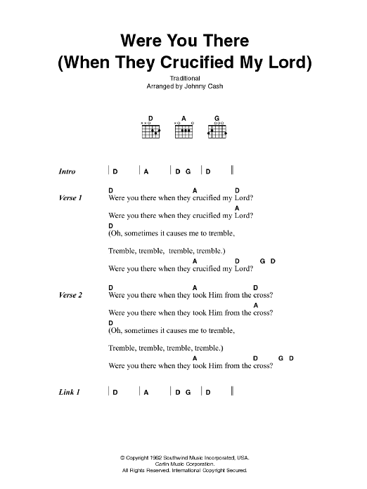 Johnny Cash Were You There (When They Crucified My Lord) sheet music notes and chords arranged for Guitar Chords/Lyrics