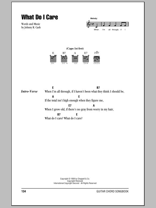 Johnny Cash What Do I Care sheet music notes and chords arranged for Piano, Vocal & Guitar Chords (Right-Hand Melody)