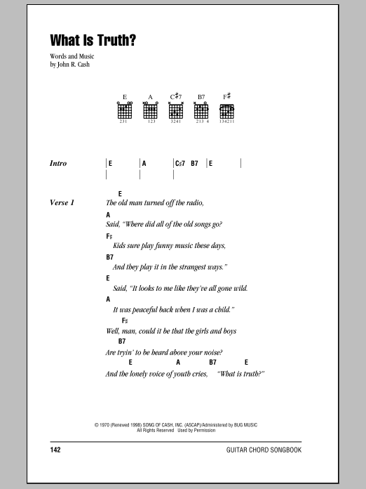 Johnny Cash What Is Truth? sheet music notes and chords arranged for Piano, Vocal & Guitar Chords (Right-Hand Melody)