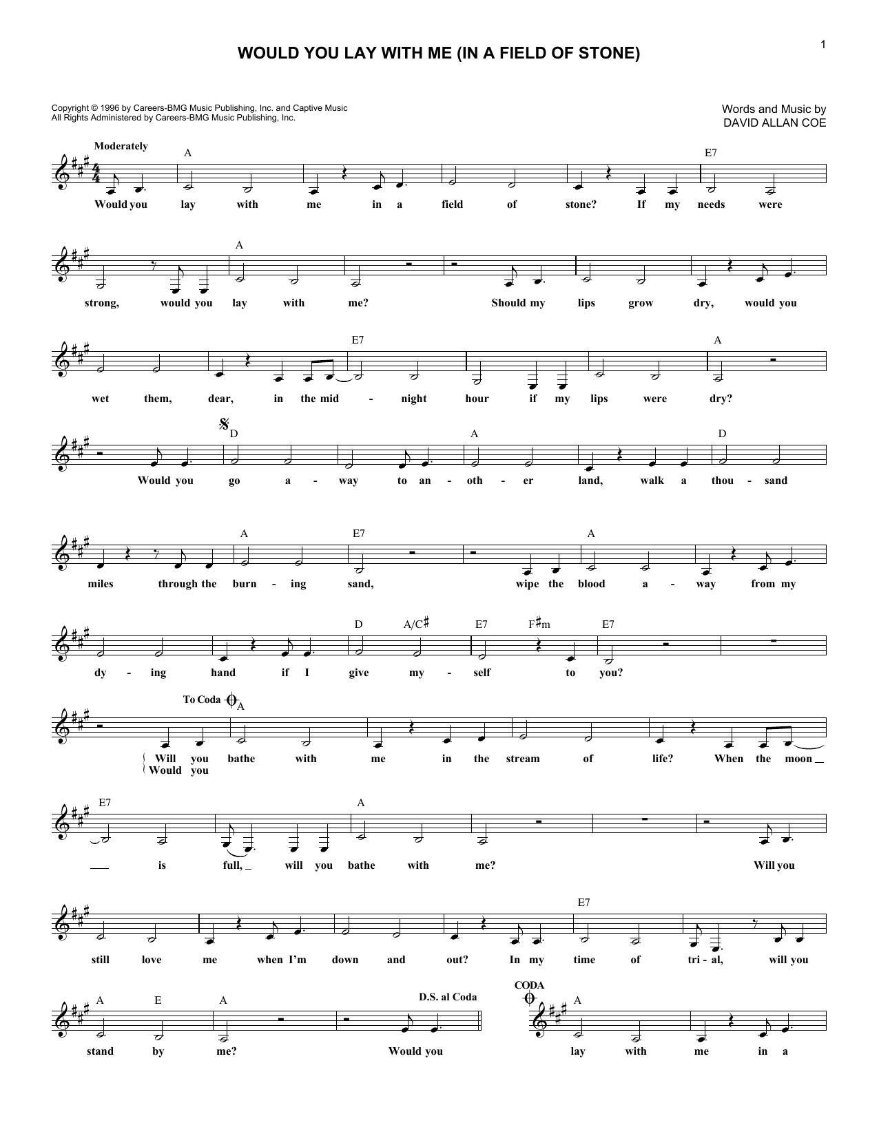 Johnny Cash Would You Lay With Me (In A Field Of Stone) sheet music notes and chords arranged for Lead Sheet / Fake Book