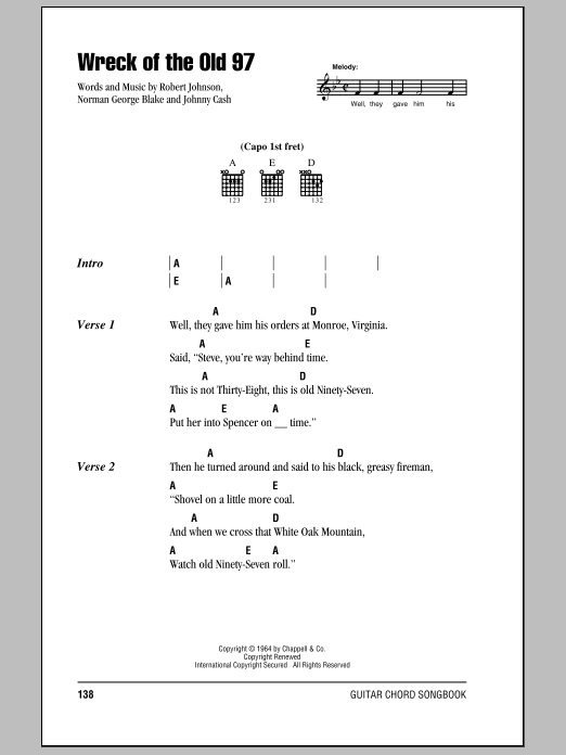 Johnny Cash Wreck Of The Old 97 sheet music notes and chords arranged for Piano, Vocal & Guitar Chords (Right-Hand Melody)