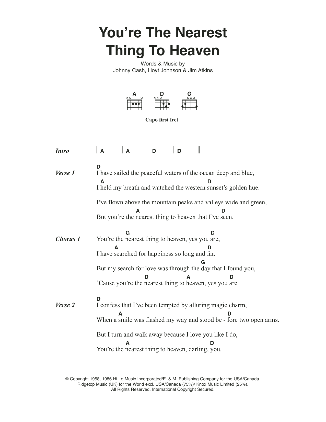 Johnny Cash You're The Nearest Thing To Heaven sheet music notes and chords arranged for Guitar Chords/Lyrics