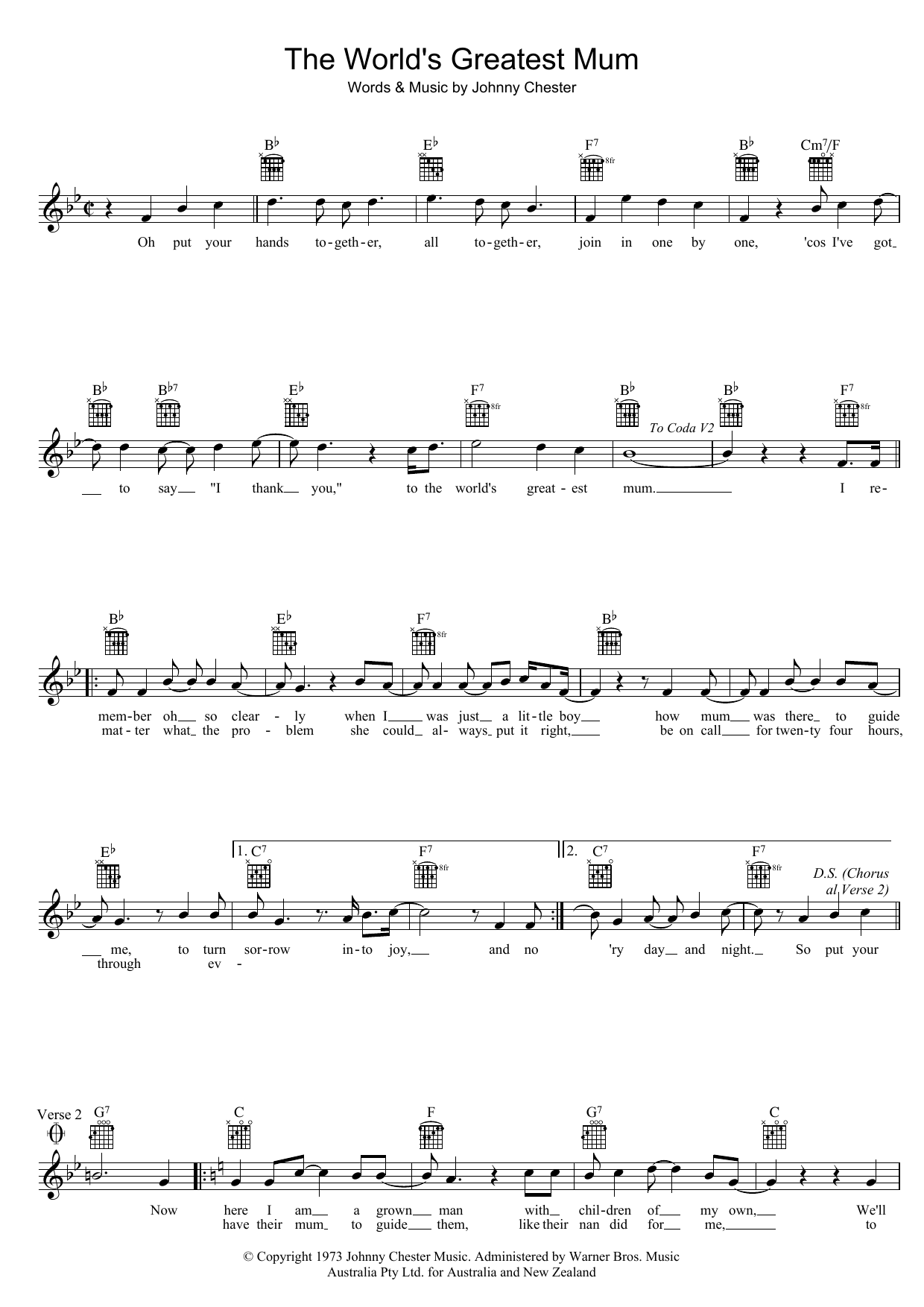 Johnny Chester The World's Greatest Mum sheet music notes and chords arranged for Lead Sheet / Fake Book