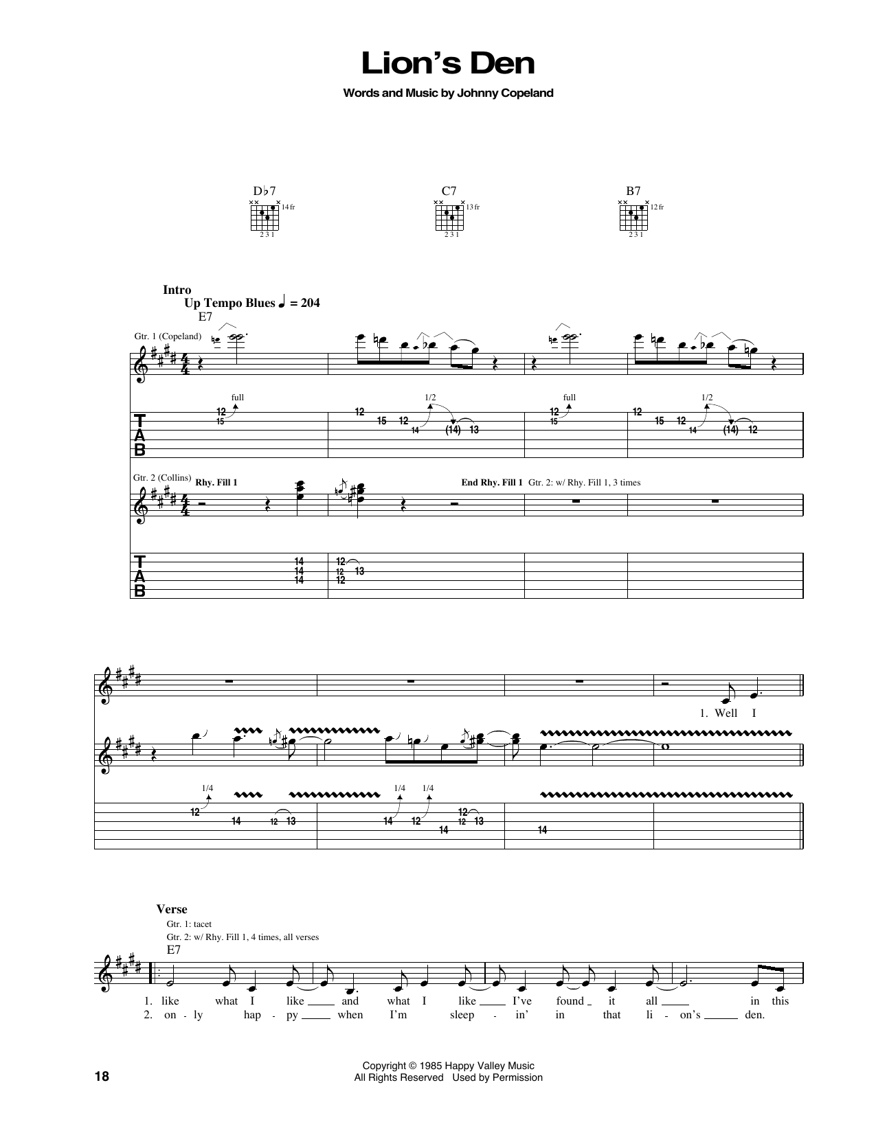 Johnny Copeland Lion's Den sheet music notes and chords arranged for Guitar Tab
