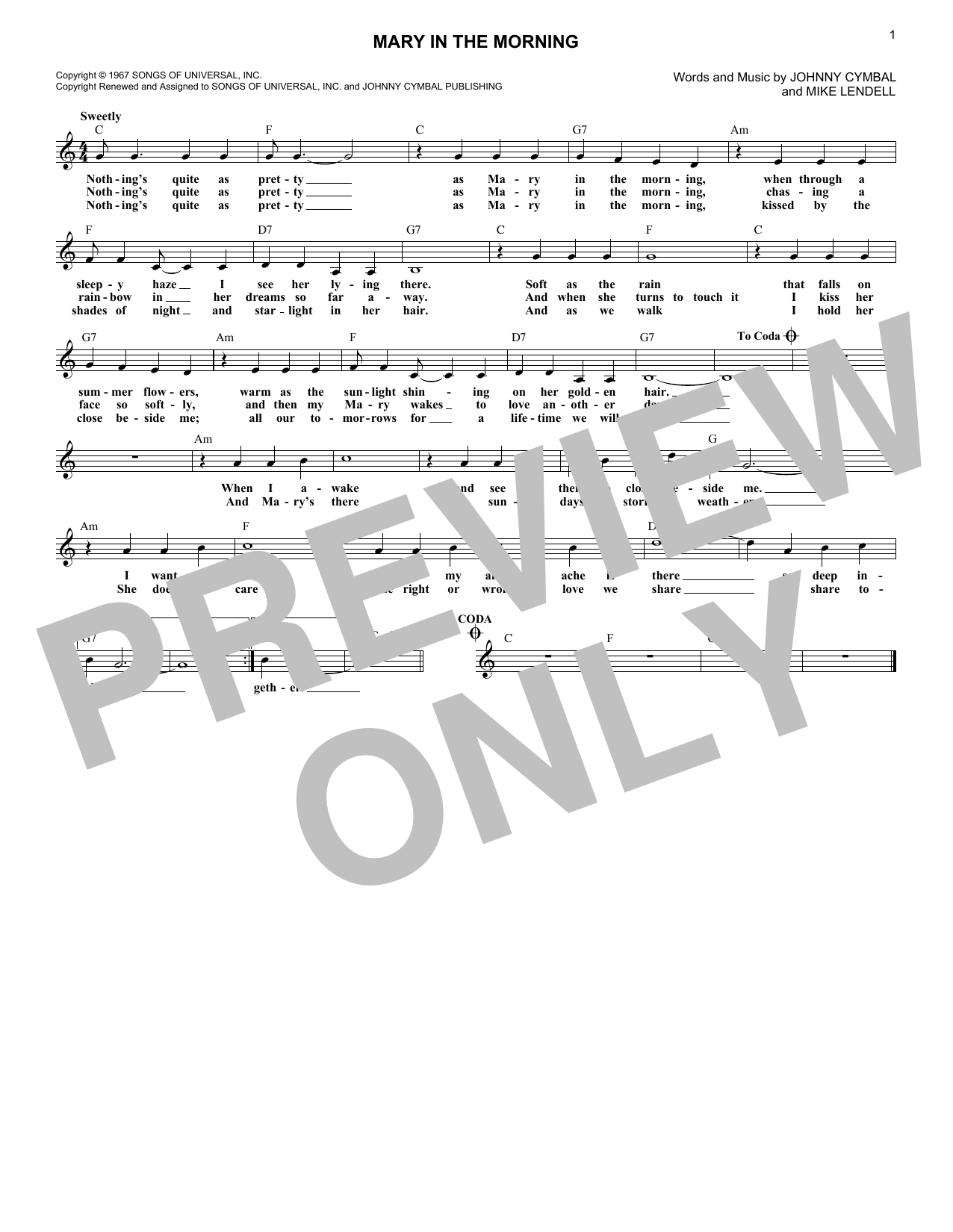Johnny Cymbal Mary In The Morning sheet music notes and chords arranged for Lead Sheet / Fake Book