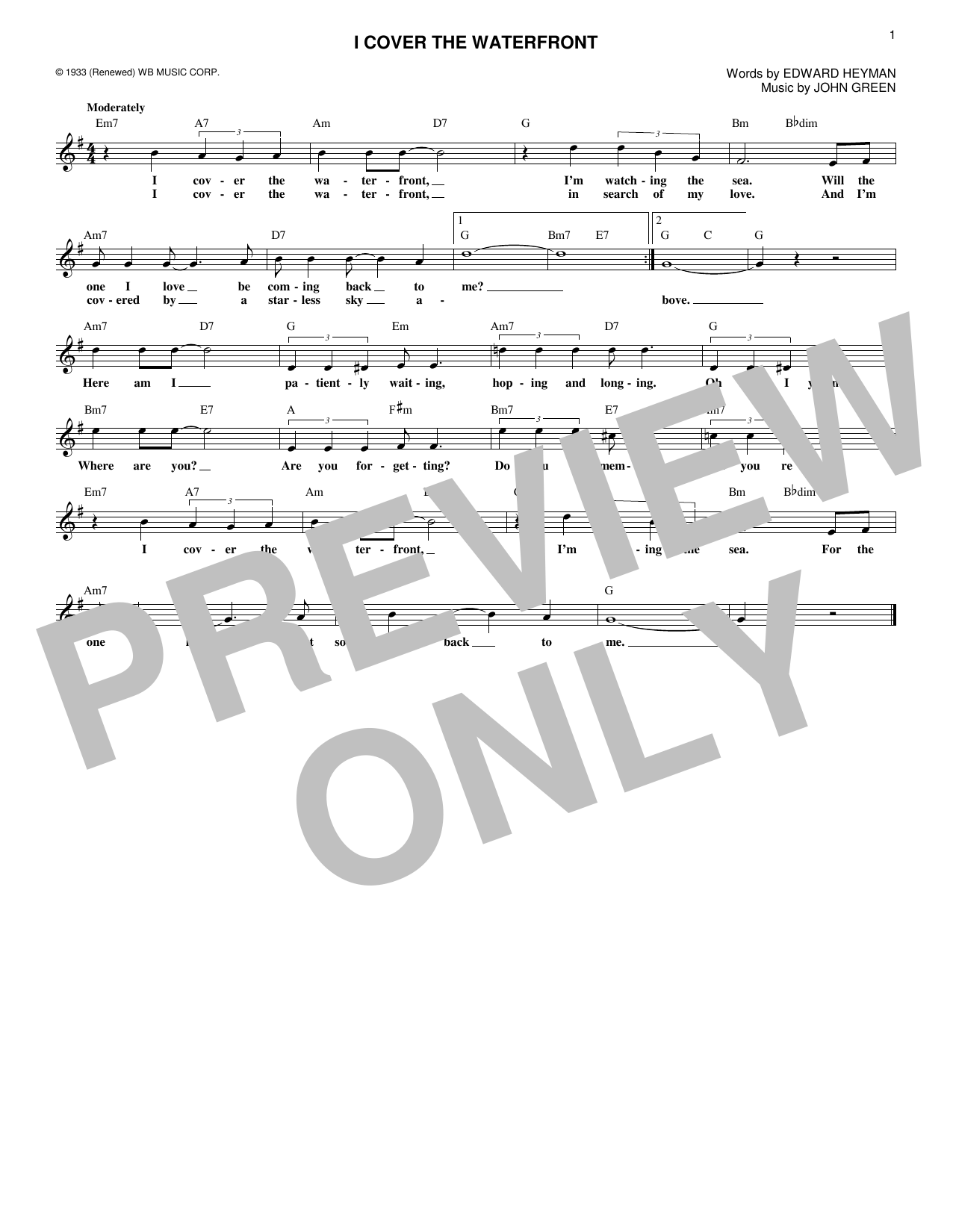 Johnny Green I Cover The Waterfront sheet music notes and chords arranged for Lead Sheet / Fake Book