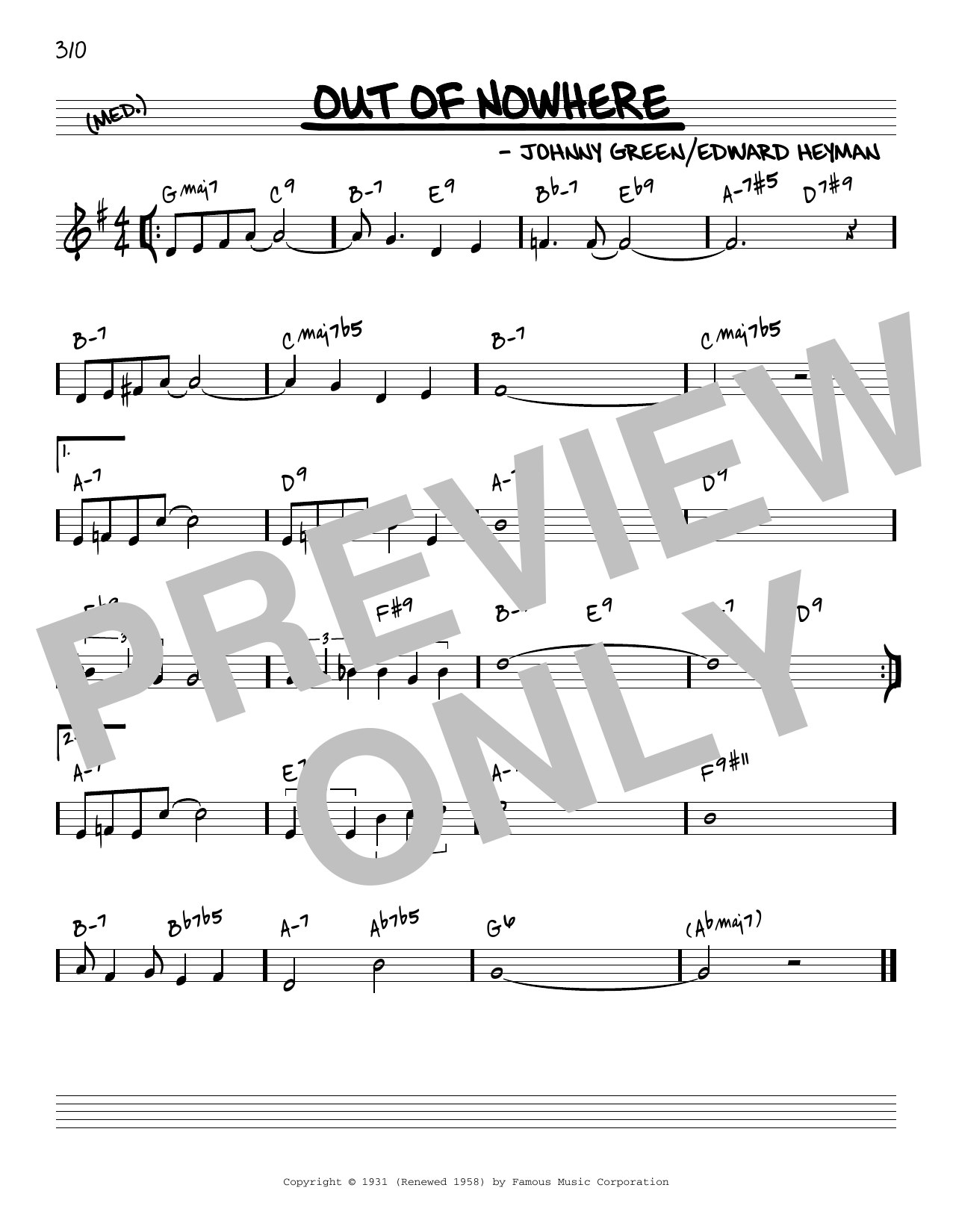 Johnny Green Out Of Nowhere [Reharmonized version] (arr. Jack Grassel) sheet music notes and chords arranged for Real Book – Melody & Chords