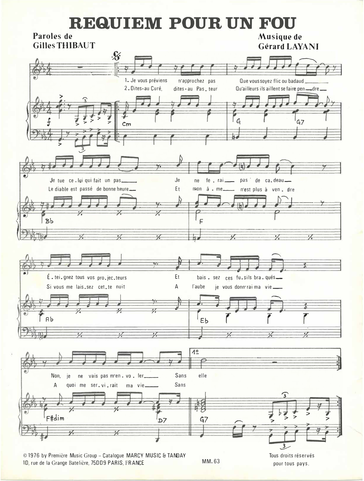 Johnny Hallyday Requiem Pour Un Fou sheet music notes and chords arranged for Piano & Vocal