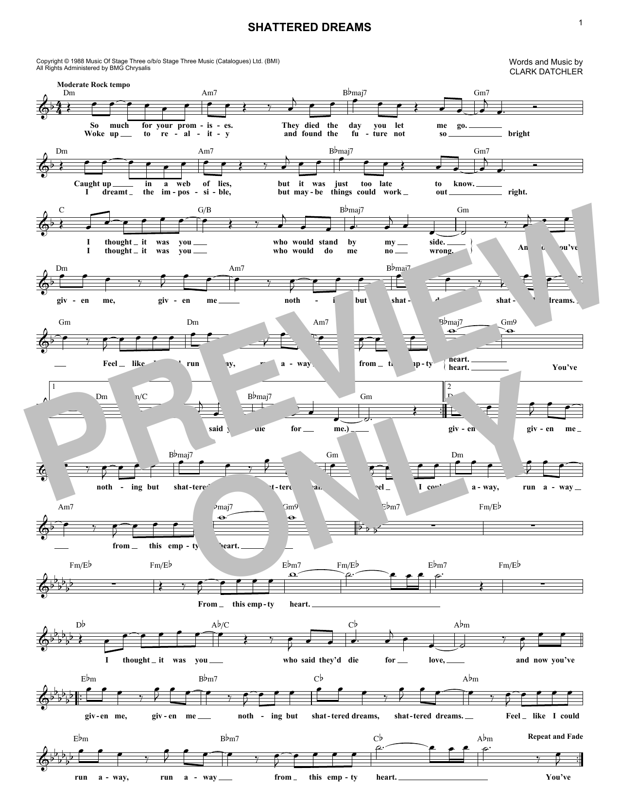 Johnny Hates Jazz Shattered Dreams sheet music notes and chords arranged for Lead Sheet / Fake Book