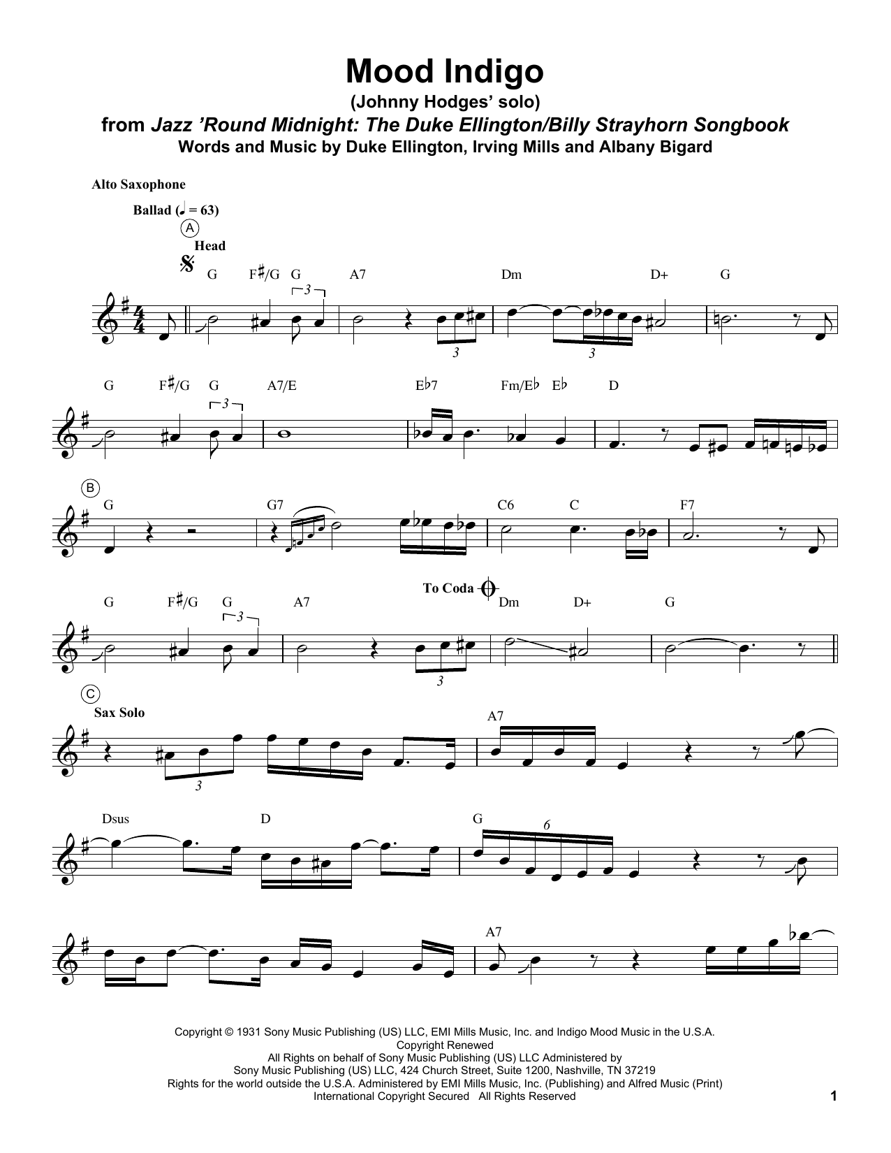 Johnny Hodges Mood Indigo sheet music notes and chords arranged for Alto Sax Transcription