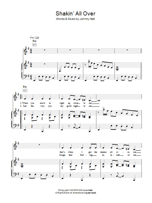 Johnny Kidd & The Pirates Shakin' All Over sheet music notes and chords arranged for Piano, Vocal & Guitar Chords