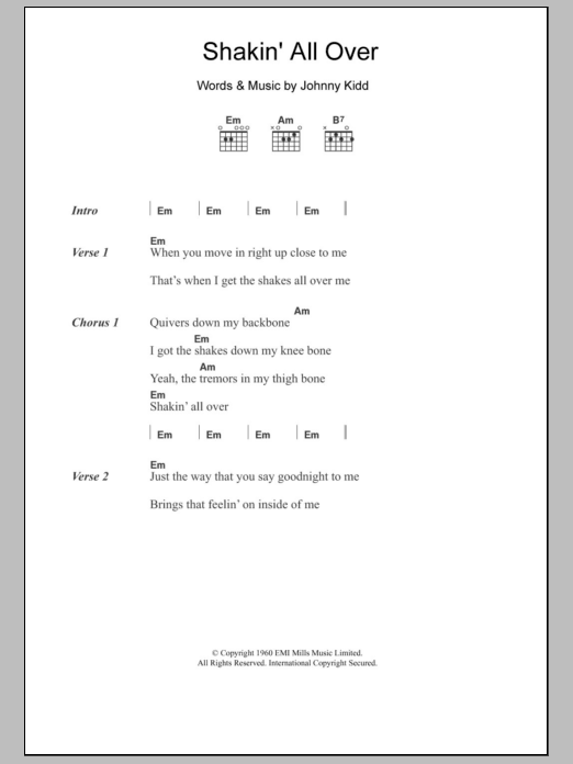 Johnny Kidd Shakin' All Over sheet music notes and chords arranged for Guitar Chords/Lyrics
