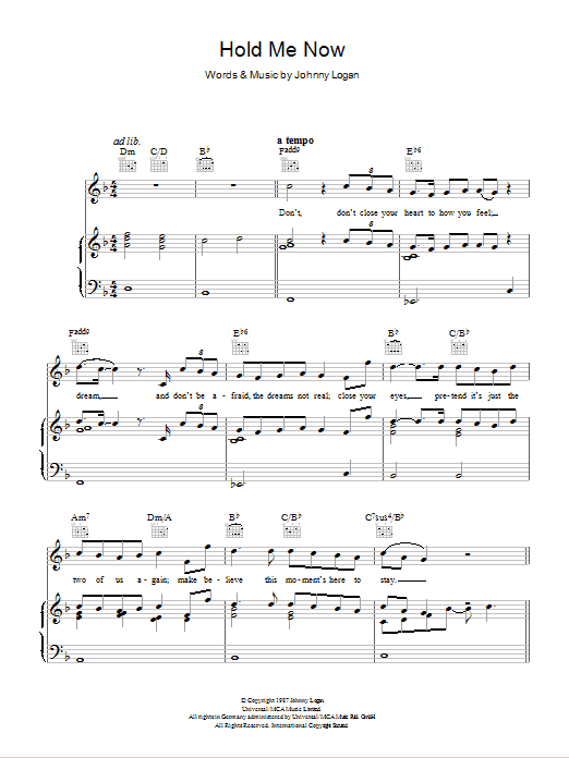 Johnny Logan Hold Me Now sheet music notes and chords arranged for Piano, Vocal & Guitar Chords