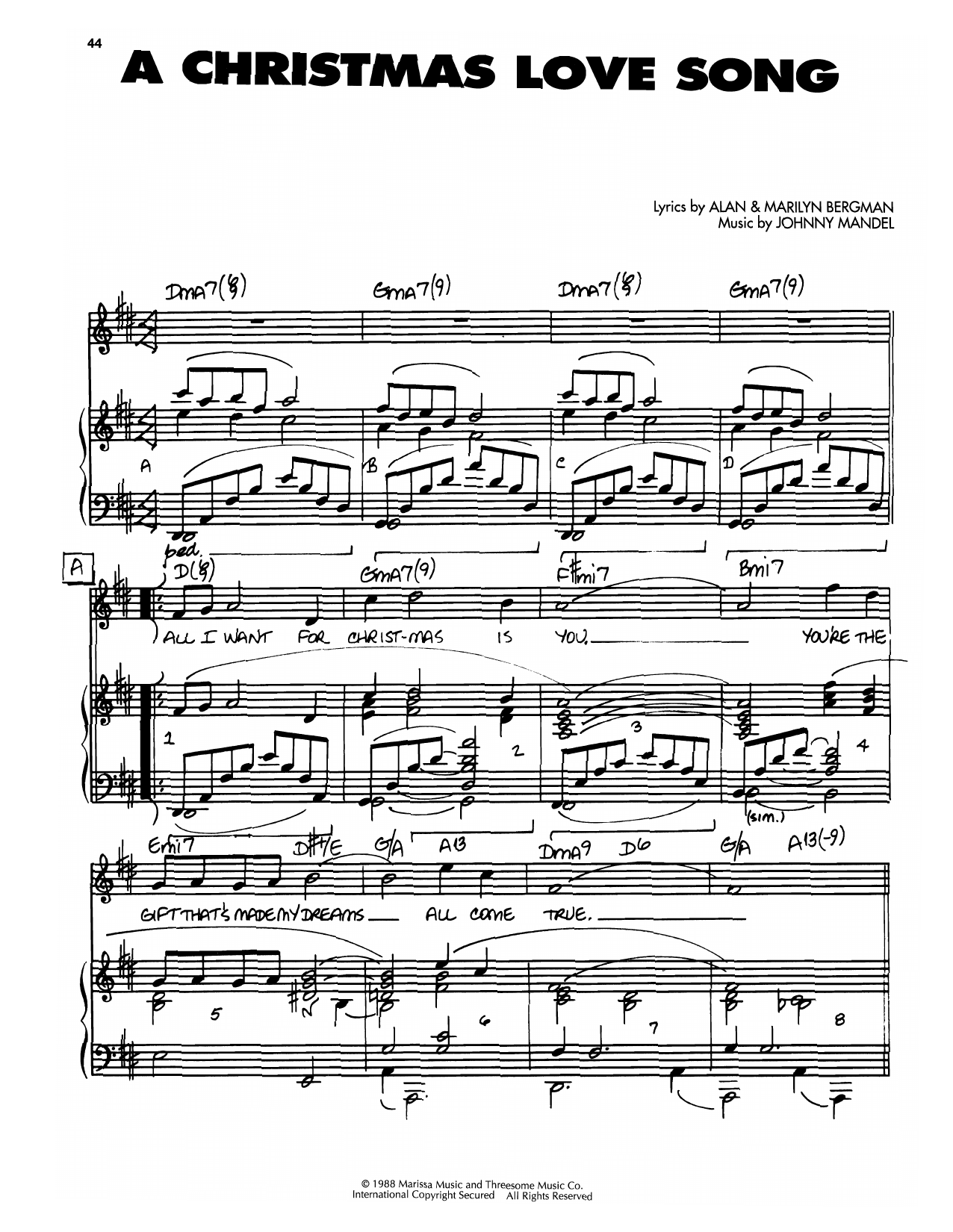 Johnny Mandel A Christmas Love Song sheet music notes and chords arranged for Piano, Vocal & Guitar Chords (Right-Hand Melody)